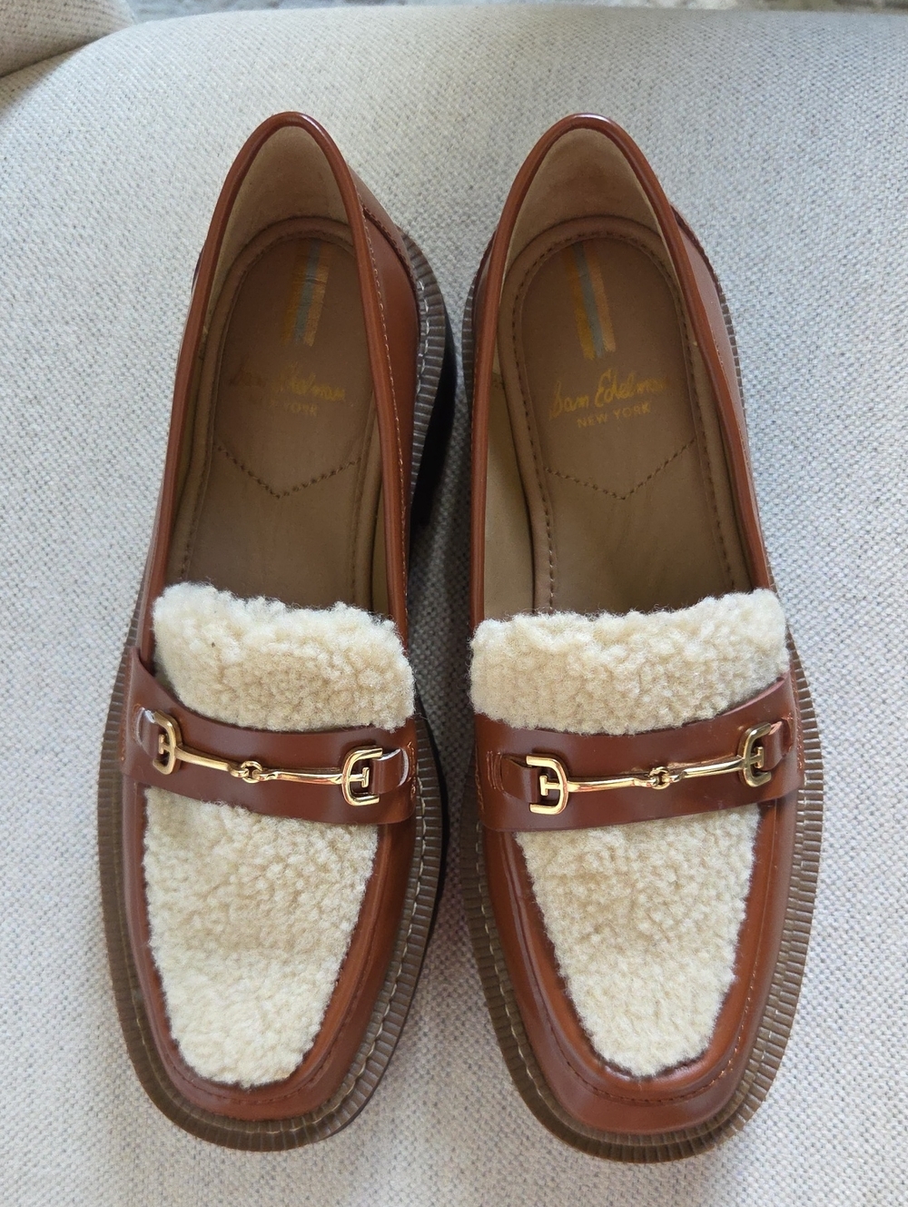 Sam Edelman Women's  Brown Leather Loafers with Cream Shearling